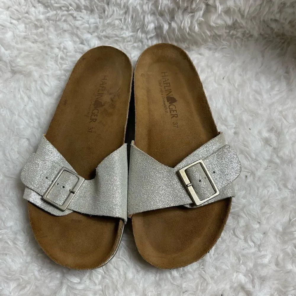 Haflinger glittery silver slip on sandals with side silver tone buckle EUR SZ37